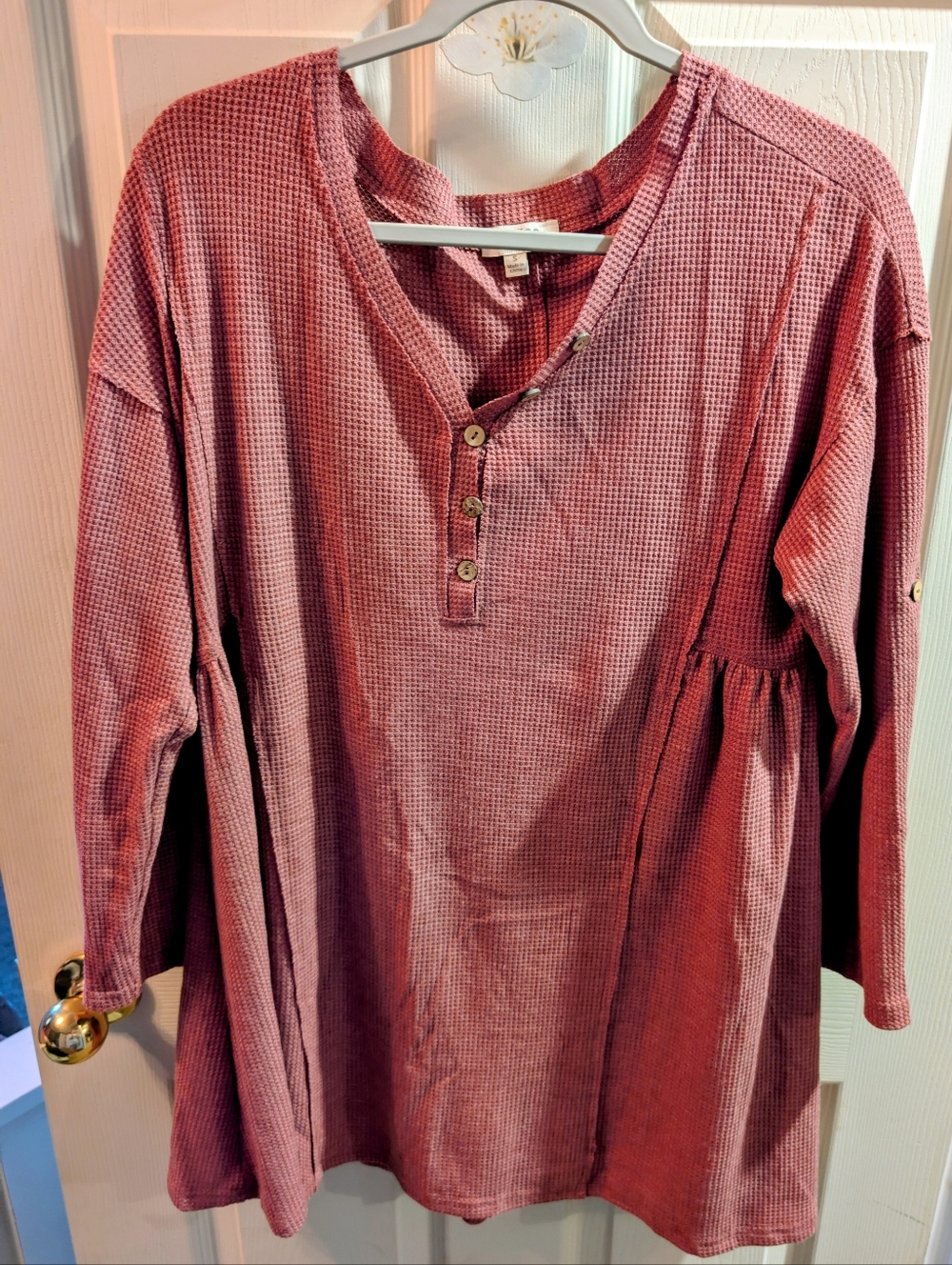 Women's Relaxed Waffle Henley Tunic - Rose